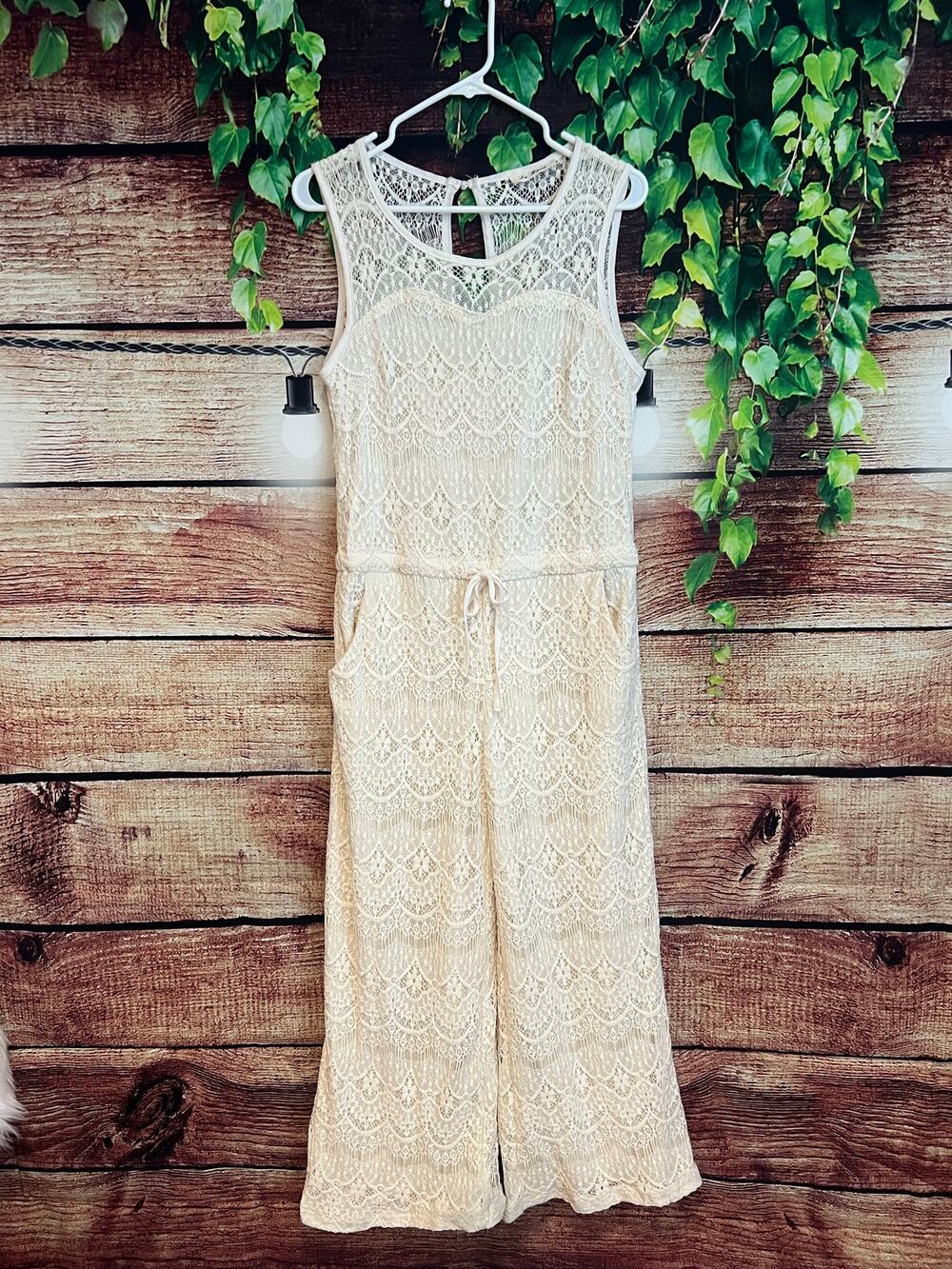 Crochet Jumpsuit Romper Jumper Womens Large Wide Leg Boho Sleeveless Lined Lace